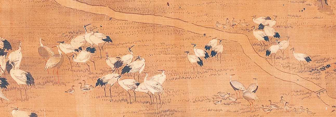 鶴が沢山いる風景画